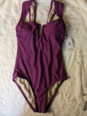 Shade & Shore Deep Plum V-Notch One-Piece Swimsuit